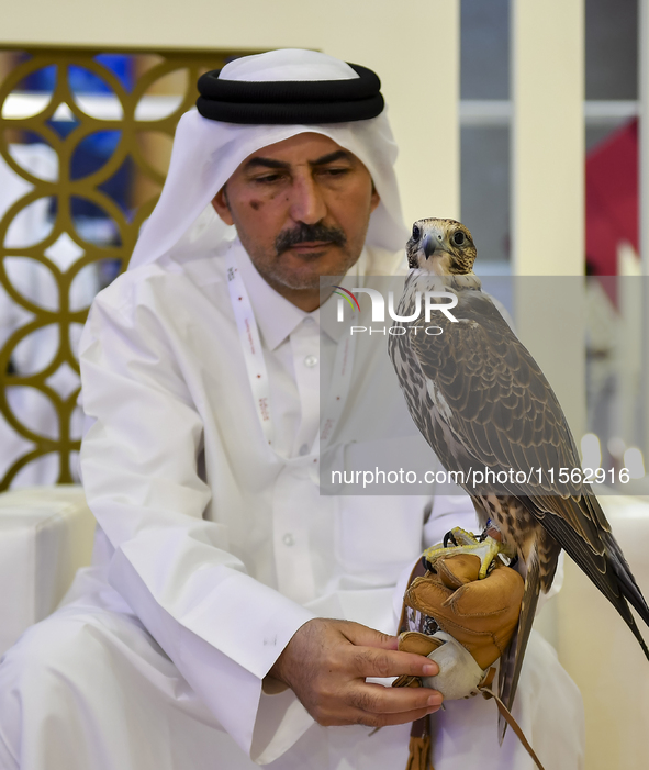 A Qatari exhibitor shows a falcon during the 8th edition of the Katara International Hunting and Falcons Exhibition 2024 (S'hail) at Katara...