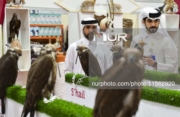 Visitors observe falcons during the 8th edition of the Katara International Hunting and Falcons Exhibition 2024 (S'hail) at Katara Cultural...