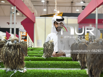 Visitors observe falcons during the 8th edition of the Katara International Hunting and Falcons Exhibition 2024 (S'hail) at Katara Cultural...