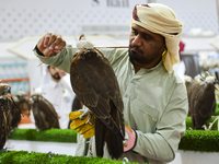 A Qatari exhibitor shows a falcon during the 8th edition of the Katara International Hunting and Falcons Exhibition 2024 (S'hail) at Katara...