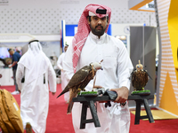 A Qatari exhibitor carries falcons during the 8th edition of the Katara International Hunting and Falcons Exhibition 2024 (S'hail) at Katara...