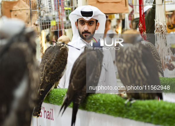 Qatari visitors observe falcons during the 8th edition of the Katara International Hunting and Falcons Exhibition 2024 (S'hail) at Katara Cu...