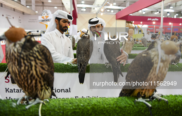 Qatari visitors observe falcons during the 8th edition of the Katara International Hunting and Falcons Exhibition 2024 (S'hail) at Katara Cu...