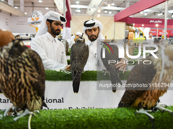 Qatari visitors observe falcons during the 8th edition of the Katara International Hunting and Falcons Exhibition 2024 (S'hail) at Katara Cu...