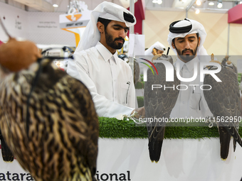 Qatari visitors observe falcons during the 8th edition of the Katara International Hunting and Falcons Exhibition 2024 (S'hail) at Katara Cu...