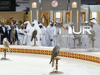 Qatari visitors observe falcons during the 8th edition of the Katara International Hunting and Falcons Exhibition 2024 (S'hail) at Katara Cu...