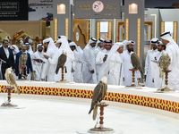 Qatari visitors observe falcons during the 8th edition of the Katara International Hunting and Falcons Exhibition 2024 (S'hail) at Katara Cu...