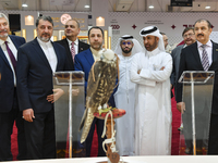 Qatari visitors observe falcons during the 8th edition of the Katara International Hunting and Falcons Exhibition 2024 (S'hail) at Katara Cu...