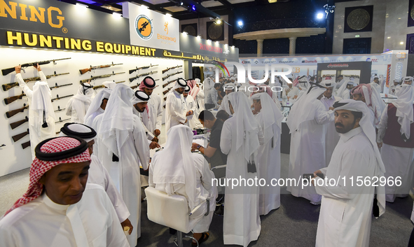 Qatari visitors attend the 8th edition of the Katara International Hunting and Falcons Exhibition 2024 (S'hail) at Katara Cultural Village i...