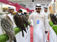 Qatari visitors observe falcons during the 8th edition of the Katara International Hunting and Falcons Exhibition 2024 (S'hail) at Katara Cu...