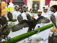 Qatari visitors observe falcons during the 8th edition of the Katara International Hunting and Falcons Exhibition 2024 (S'hail) at Katara Cu...