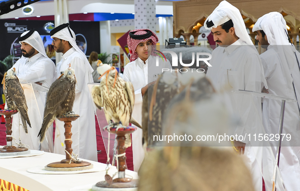 Visitors look at perched falcons while hooded during the 8th edition of the Katara International Hunting and Falcons Exhibition 2024 (S'hail...