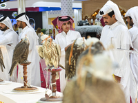 Visitors look at perched falcons while hooded during the 8th edition of the Katara International Hunting and Falcons Exhibition 2024 (S'hail...