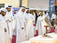 Visitors look at perched falcons while hooded during the 8th edition of the Katara International Hunting and Falcons Exhibition 2024 (S'hail...