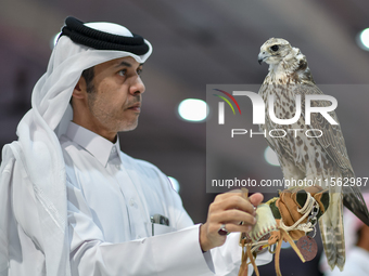 An exhibitor shows a falcon during the 8th edition of the Katara International Hunting and Falcons Exhibition 2024 (S'hail) at Katara Cultur...