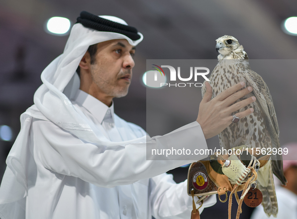 An exhibitor shows a falcon during the 8th edition of the Katara International Hunting and Falcons Exhibition 2024 (S'hail) at Katara Cultur...