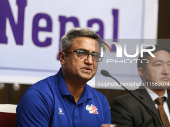 Monty Desai, Nepali national cricket team coach, addresses the farewell ceremony for the Nepali national cricket team heading for Cricket Wo...