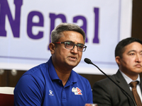 Monty Desai, Nepali national cricket team coach, addresses the farewell ceremony for the Nepali national cricket team heading for Cricket Wo...