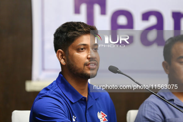 Sandeep Lamichhane, Nepali spinner, addresses the farewell ceremony for the Nepali national cricket team heading for Cricket World Cup Leagu...