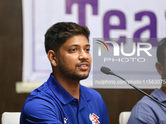 Sandeep Lamichhane, Nepali spinner, addresses the farewell ceremony for the Nepali national cricket team heading for Cricket World Cup Leagu...