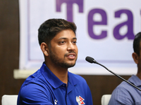 Sandeep Lamichhane, Nepali spinner, addresses the farewell ceremony for the Nepali national cricket team heading for Cricket World Cup Leagu...