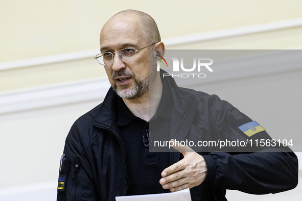 Ukrainian Prime Minister Denys Shmyhal speaks during a press conference in Kyiv, Ukraine, on September 10, 2024 