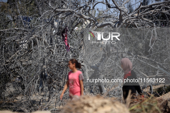 Palestinians inspect the damage at the site of Israeli strikes on a makeshift displacement camp in Mawasi Khan Yunis in the Gaza Strip on Se...