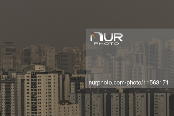 Dry weather and a layer of pollution cover the sky in Sao Paulo, Brazil, on September 10, 2024. The atmospheric blockage, a dry air mass, pe...