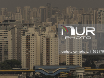 Dry weather and a layer of pollution cover the sky in Sao Paulo, Brazil, on September 10, 2024. The atmospheric blockage, a dry air mass, pe...