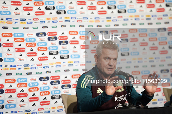 Javier Aguirre, Head Coach of the Mexican national soccer team, answers questions from the media during the media day before the match again...