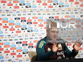 Javier Aguirre, Head Coach of the Mexican national soccer team, answers questions from the media during the media day before the match again...