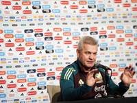 Javier Aguirre, Head Coach of the Mexican national soccer team, answers questions from the media during the media day before the match again...