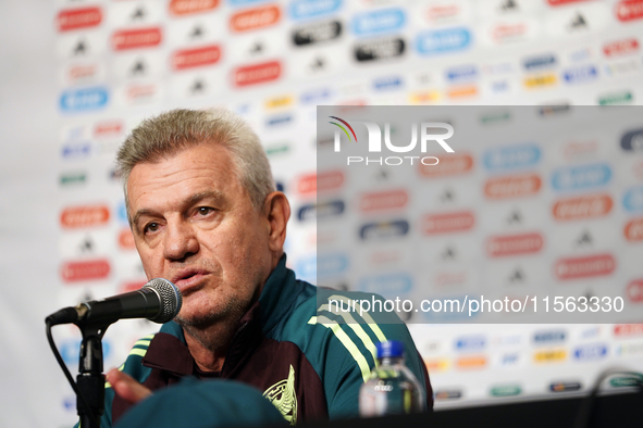 Javier Aguirre, Head Coach of the Mexican national soccer team, answers questions from the media during the media day before the match again...