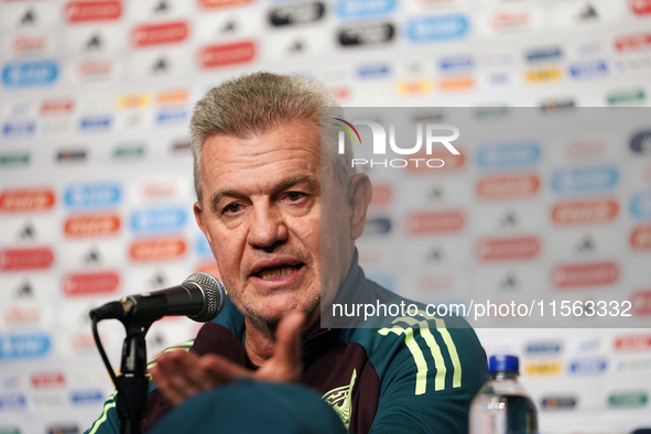 Javier Aguirre, Head Coach of the Mexican national soccer team, answers questions from the media during the media day before the match again...