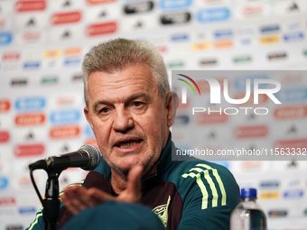 Javier Aguirre, Head Coach of the Mexican national soccer team, answers questions from the media during the media day before the match again...