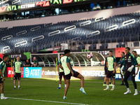 Members of the Mexican national soccer team train during media day before the match against Team Canada at the AT&T Stadium in Arlington, Te...