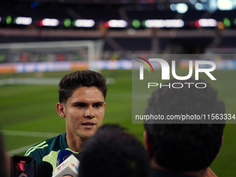 Mexican national soccer player Israel Reyes answers questions from the media during the media day before the match against Team Canada at th...