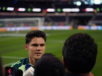 Mexican national soccer player Israel Reyes answers questions from the media during the media day before the match against Team Canada at th...