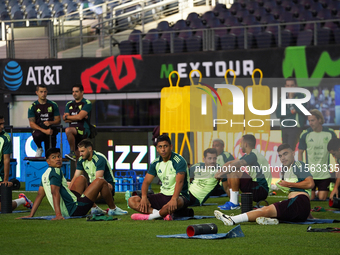 Members of the Mexican national soccer team train during media day before the match against Team Canada at the AT&T Stadium in Arlington, Te...