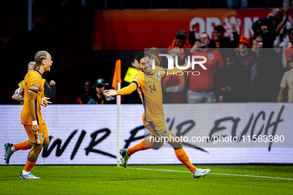 Netherlands midfielder Tijani Reijnders scores the 1-0 and celebrates the goal during the match between the Netherlands and Germany at the J...