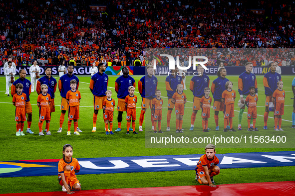 The Netherlands team lines up during the match between the Netherlands and Germany at the Johan Cruijff ArenA for the UEFA Nations League, L...