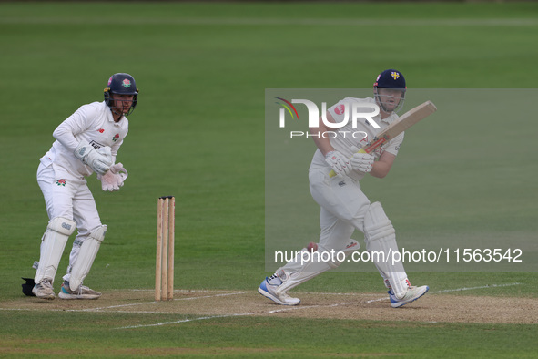 Alex Lees bats during the Vitality County Championship match between Durham Cricket and Lancashire at the Seat Unique Riverside in Chester l...