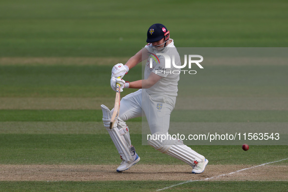 Alex Lees bats during the Vitality County Championship match between Durham Cricket and Lancashire at the Seat Unique Riverside in Chester l...