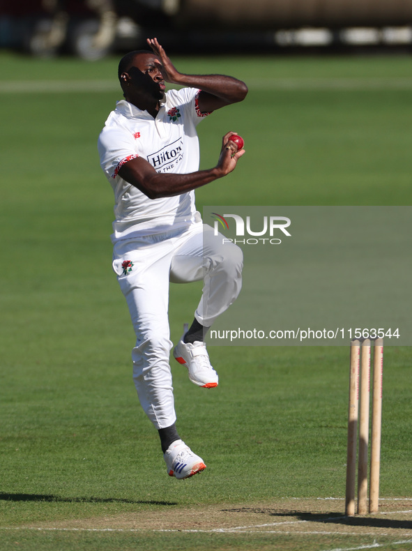 Anderson Phillip bowls for Lancashire during the Vitality County Championship match between Durham Cricket and Lancashire at the Seat Unique...