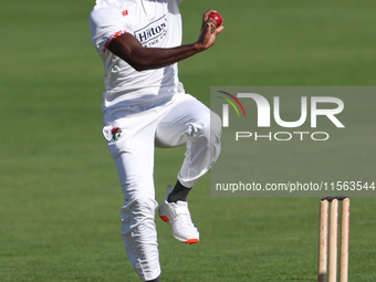 Anderson Phillip bowls for Lancashire during the Vitality County Championship match between Durham Cricket and Lancashire at the Seat Unique...