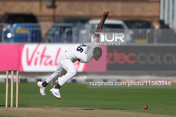 Anderson Phillip bowls for Lancashire during the Vitality County Championship match between Durham Cricket and Lancashire at the Seat Unique...