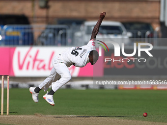 Anderson Phillip bowls for Lancashire during the Vitality County Championship match between Durham Cricket and Lancashire at the Seat Unique...