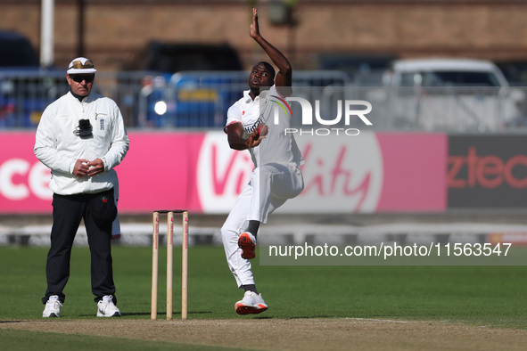 Anderson Phillip bowls for Lancashire during the Vitality County Championship match between Durham Cricket and Lancashire at the Seat Unique...