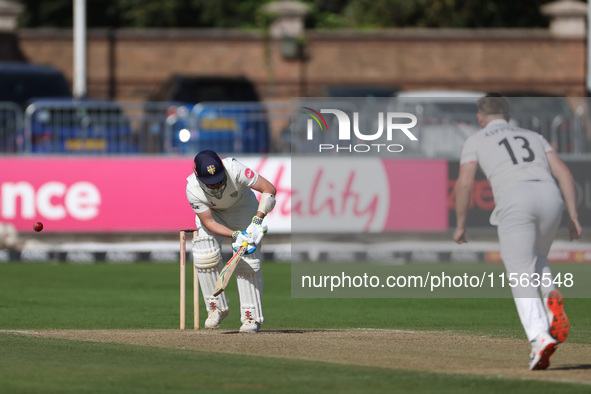 Lancashire's Tom Aspinwall traps Durham's Ollie Robinson leg before during the Vitality County Championship match between Durham Cricket and...