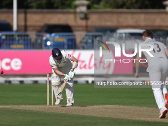 Lancashire's Tom Aspinwall traps Durham's Ollie Robinson leg before during the Vitality County Championship match between Durham Cricket and...